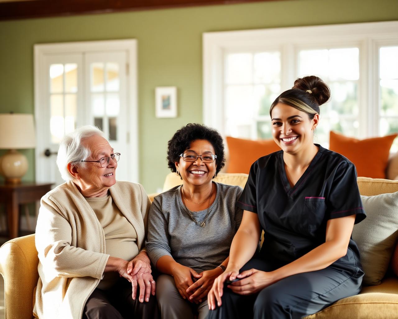 A Paradise Homecare caregiver smiling with an older adult and her daughter